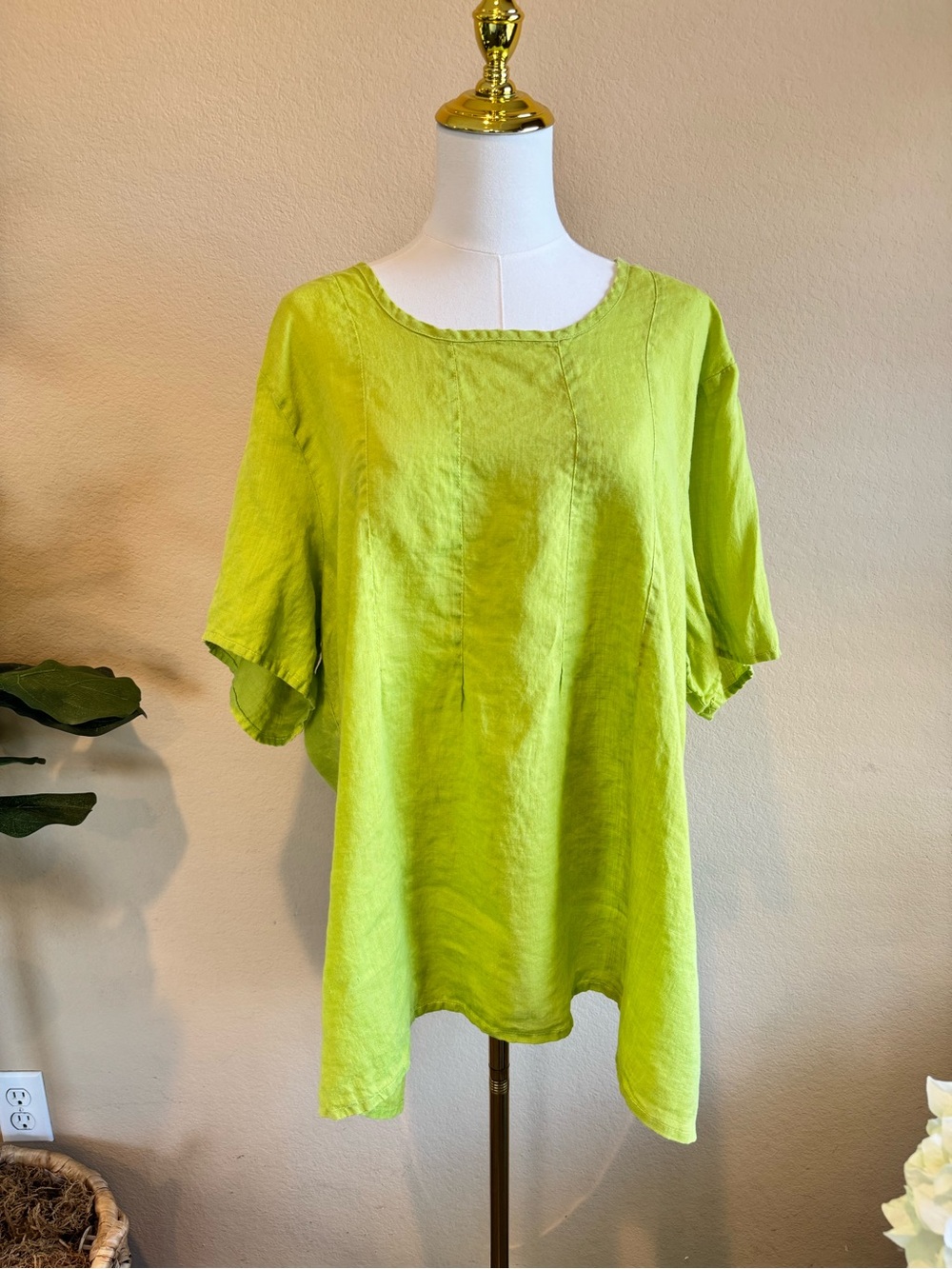 FLAX Blouse Top 100% Linen Short Sleeve Women’s 1G/L-XL Lime Green Lagenlook